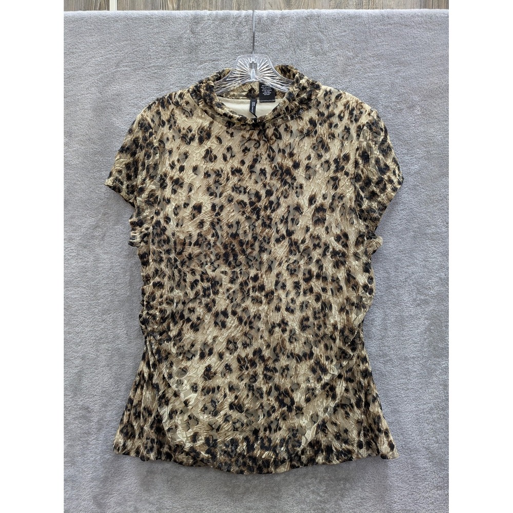 New Directions Blouse Womens Petite XL‎ Leopard Mock Neck Mesh Short Sleeve